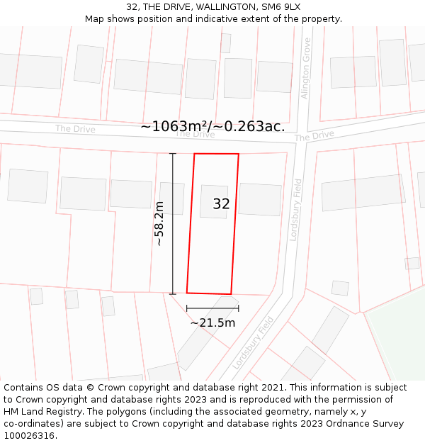 32, THE DRIVE, WALLINGTON, SM6 9LX: Plot and title map