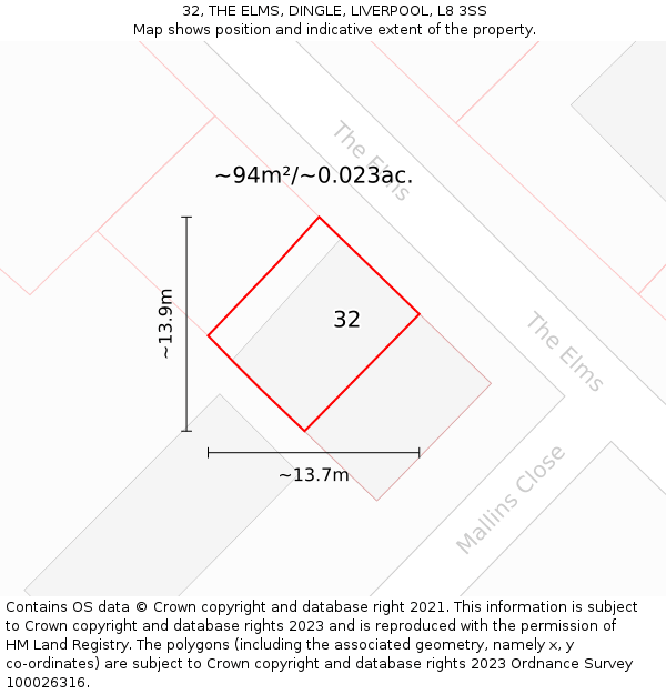 32, THE ELMS, DINGLE, LIVERPOOL, L8 3SS: Plot and title map