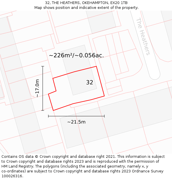32, THE HEATHERS, OKEHAMPTON, EX20 1TB: Plot and title map