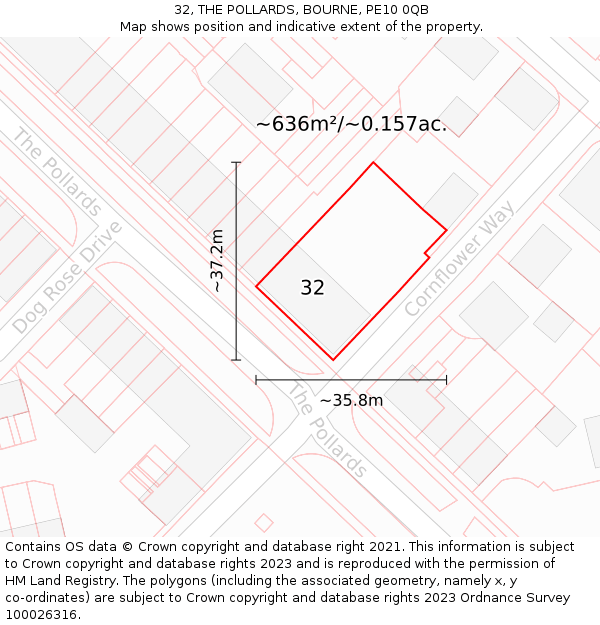 32, THE POLLARDS, BOURNE, PE10 0QB: Plot and title map