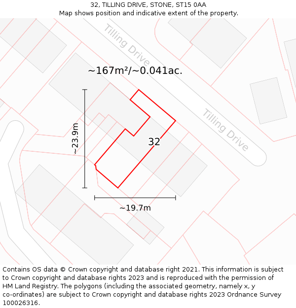 32, TILLING DRIVE, STONE, ST15 0AA: Plot and title map