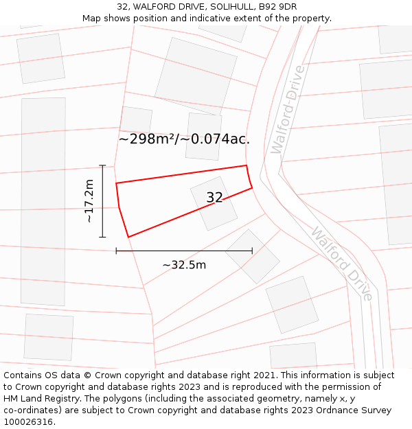 32, WALFORD DRIVE, SOLIHULL, B92 9DR: Plot and title map