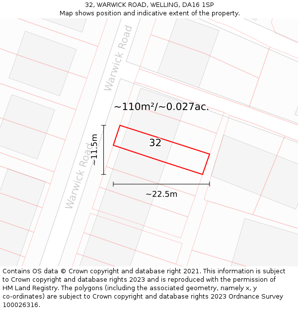 32, WARWICK ROAD, WELLING, DA16 1SP: Plot and title map