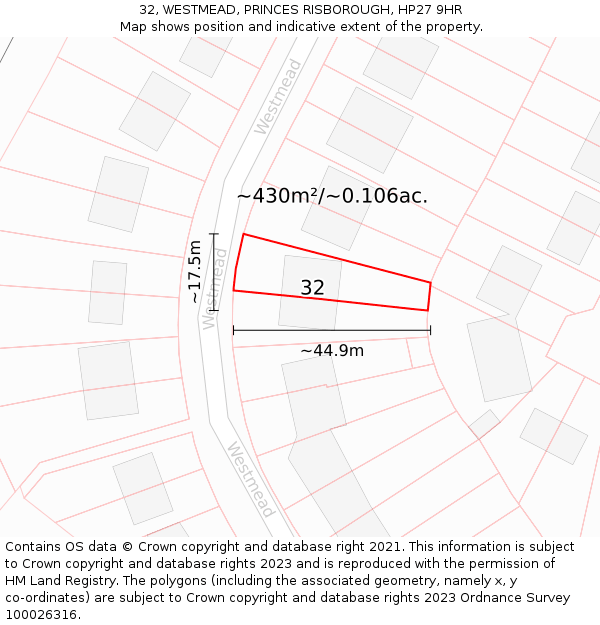 32, WESTMEAD, PRINCES RISBOROUGH, HP27 9HR: Plot and title map