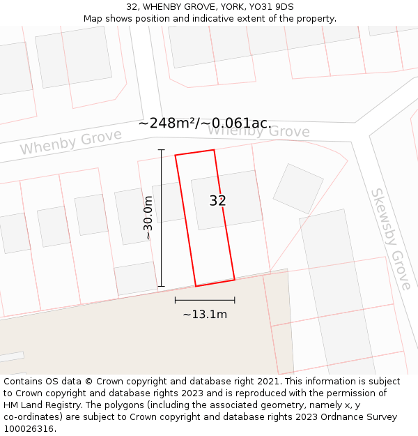 32, WHENBY GROVE, YORK, YO31 9DS: Plot and title map