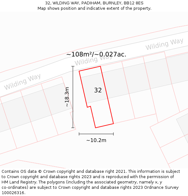 32, WILDING WAY, PADIHAM, BURNLEY, BB12 8ES: Plot and title map