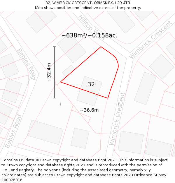 32, WIMBRICK CRESCENT, ORMSKIRK, L39 4TB: Plot and title map