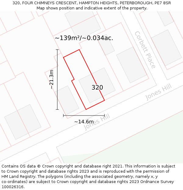 320, FOUR CHIMNEYS CRESCENT, HAMPTON HEIGHTS, PETERBOROUGH, PE7 8SR: Plot and title map