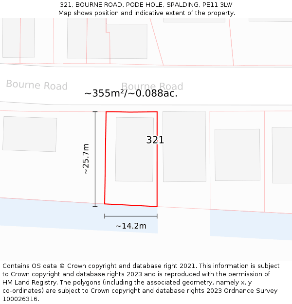 321, BOURNE ROAD, PODE HOLE, SPALDING, PE11 3LW: Plot and title map