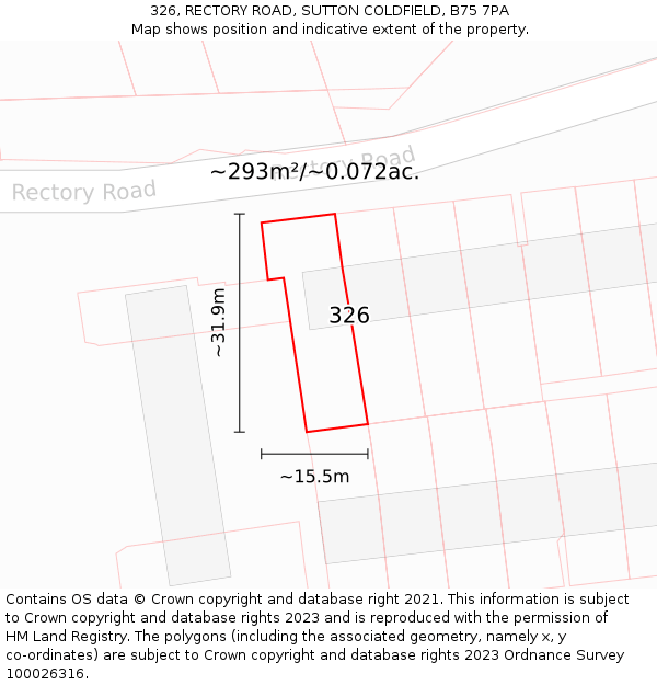 326, RECTORY ROAD, SUTTON COLDFIELD, B75 7PA: Plot and title map