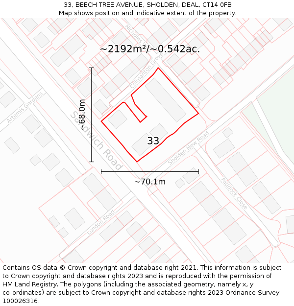 33, BEECH TREE AVENUE, SHOLDEN, DEAL, CT14 0FB: Plot and title map