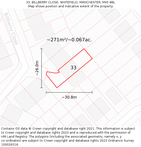 33, BILLBERRY CLOSE, WHITEFIELD, MANCHESTER, M45 8BL: Plot and title map