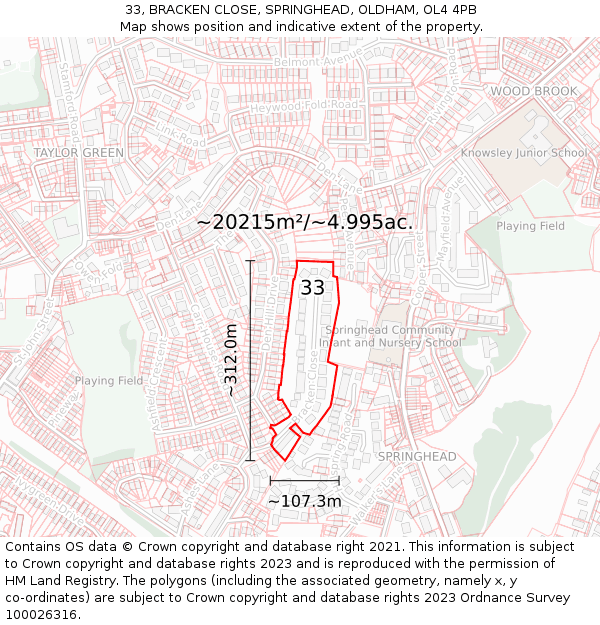 33, BRACKEN CLOSE, SPRINGHEAD, OLDHAM, OL4 4PB: Plot and title map