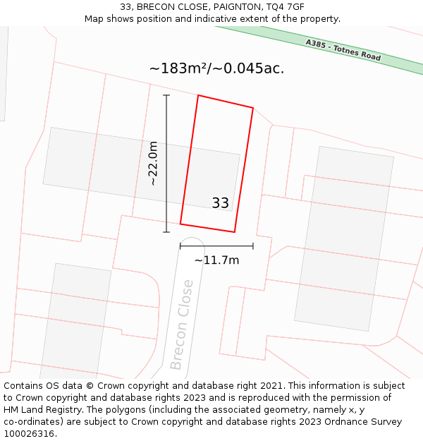 33, BRECON CLOSE, PAIGNTON, TQ4 7GF: Plot and title map
