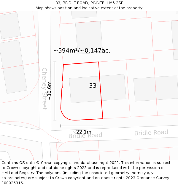 33, BRIDLE ROAD, PINNER, HA5 2SP: Plot and title map