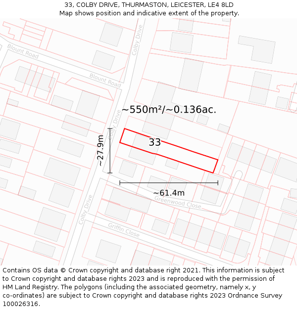 33, COLBY DRIVE, THURMASTON, LEICESTER, LE4 8LD: Plot and title map