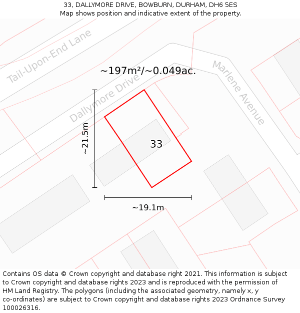 33, DALLYMORE DRIVE, BOWBURN, DURHAM, DH6 5ES: Plot and title map