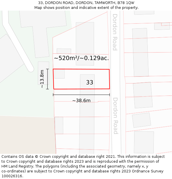 33, DORDON ROAD, DORDON, TAMWORTH, B78 1QW: Plot and title map