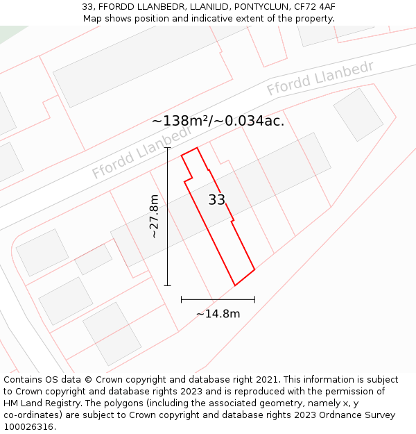 33, FFORDD LLANBEDR, LLANILID, PONTYCLUN, CF72 4AF: Plot and title map