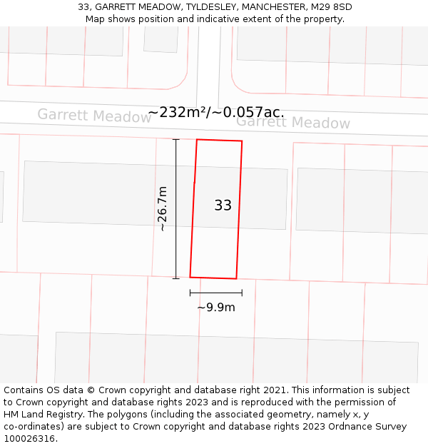 33, GARRETT MEADOW, TYLDESLEY, MANCHESTER, M29 8SD: Plot and title map