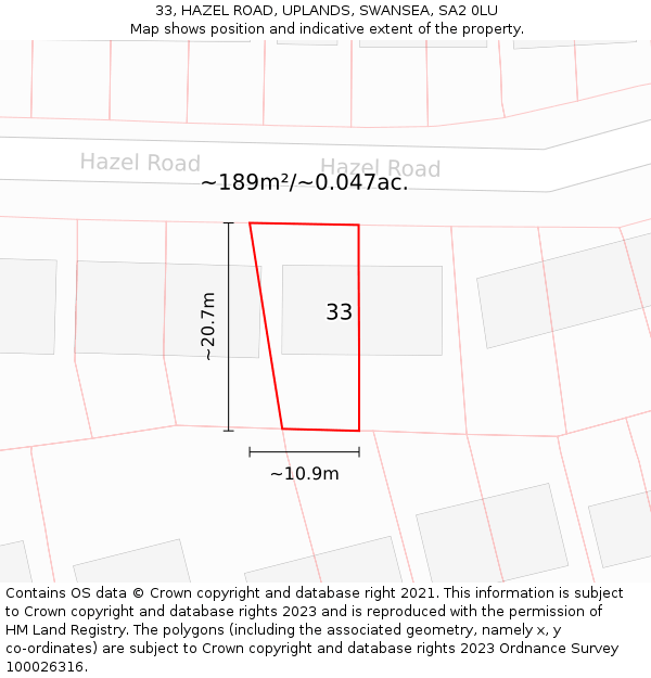 33, HAZEL ROAD, UPLANDS, SWANSEA, SA2 0LU: Plot and title map