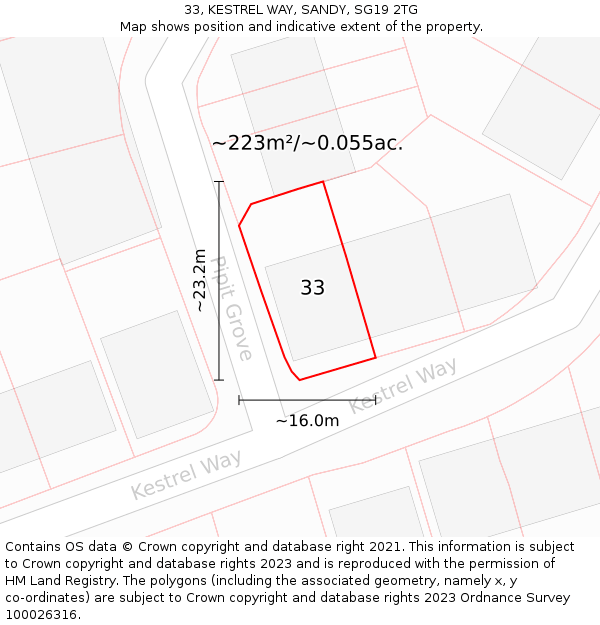 33, KESTREL WAY, SANDY, SG19 2TG: Plot and title map