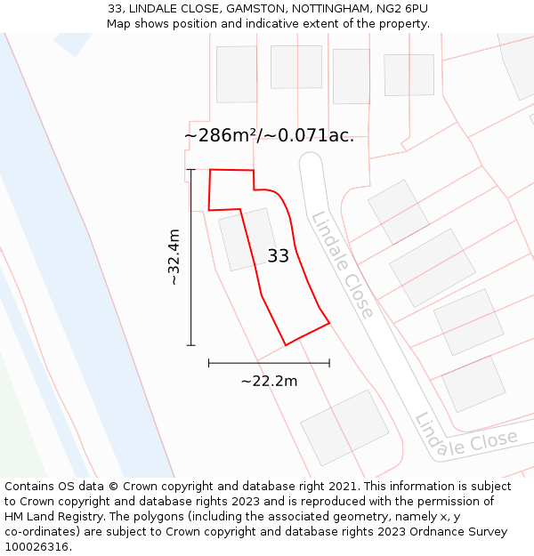 33, LINDALE CLOSE, GAMSTON, NOTTINGHAM, NG2 6PU: Plot and title map