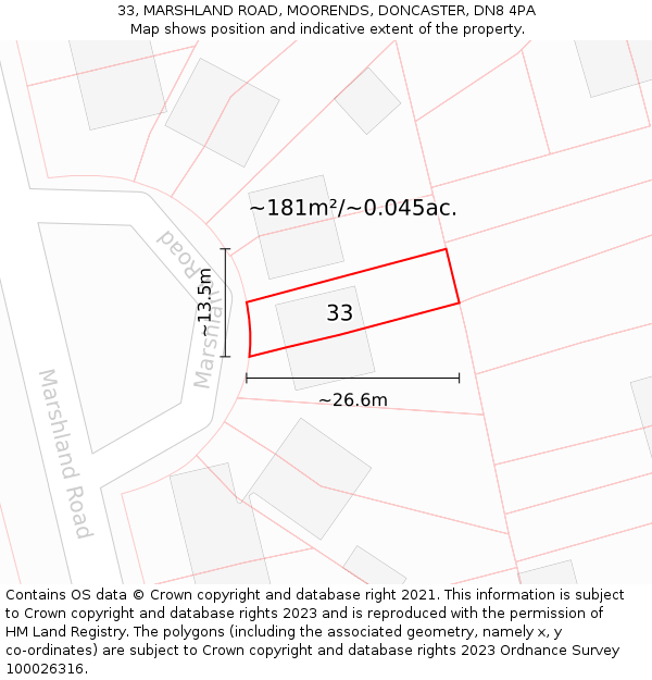 33, MARSHLAND ROAD, MOORENDS, DONCASTER, DN8 4PA: Plot and title map