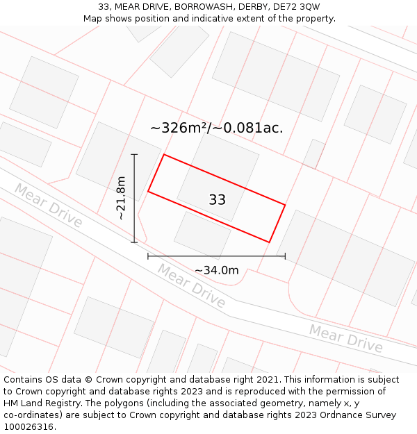 33, MEAR DRIVE, BORROWASH, DERBY, DE72 3QW: Plot and title map