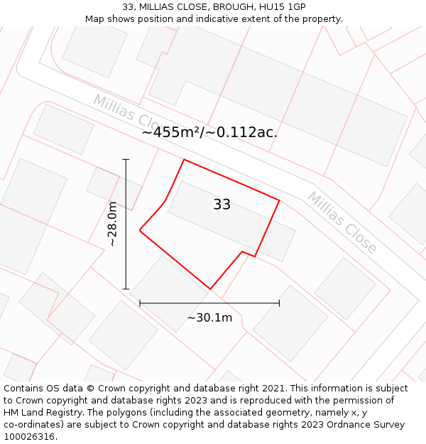 33, MILLIAS CLOSE, BROUGH, HU15 1GP: Plot and title map