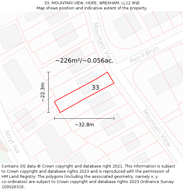 33, MOUNTAIN VIEW, HOPE, WREXHAM, LL12 9NE: Plot and title map