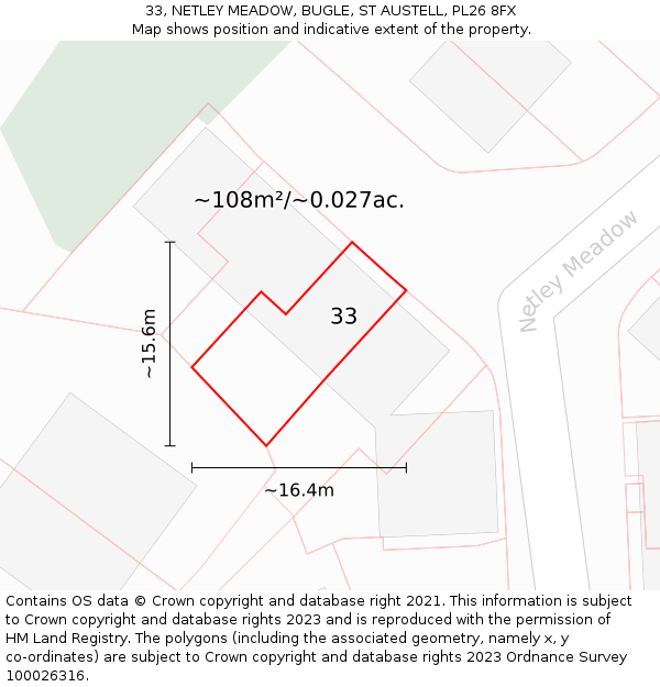 33, NETLEY MEADOW, BUGLE, ST AUSTELL, PL26 8FX: Plot and title map