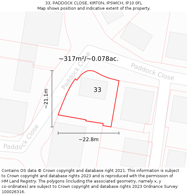 33, PADDOCK CLOSE, KIRTON, IPSWICH, IP10 0FL: Plot and title map