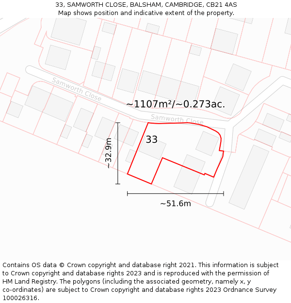 33, SAMWORTH CLOSE, BALSHAM, CAMBRIDGE, CB21 4AS: Plot and title map