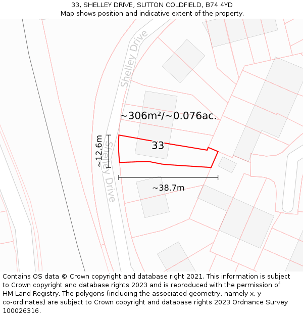 33, SHELLEY DRIVE, SUTTON COLDFIELD, B74 4YD: Plot and title map