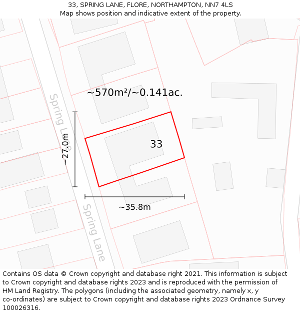 33, SPRING LANE, FLORE, NORTHAMPTON, NN7 4LS: Plot and title map