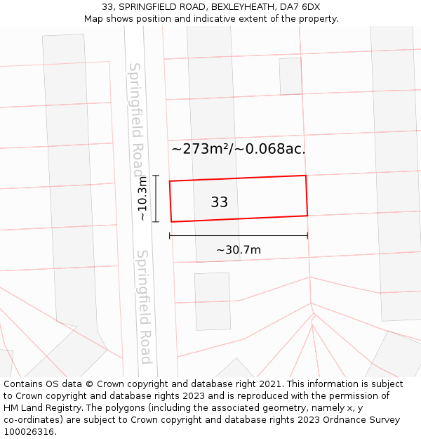33, SPRINGFIELD ROAD, BEXLEYHEATH, DA7 6DX: Plot and title map