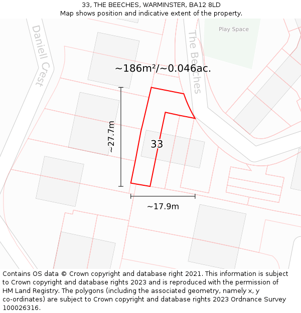 33, THE BEECHES, WARMINSTER, BA12 8LD: Plot and title map