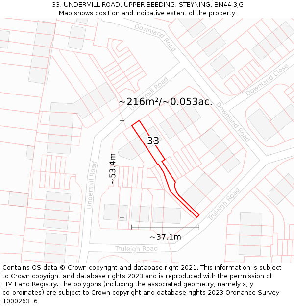 33, UNDERMILL ROAD, UPPER BEEDING, STEYNING, BN44 3JG: Plot and title map