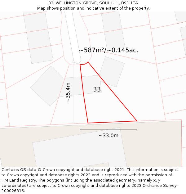 33, WELLINGTON GROVE, SOLIHULL, B91 1EA: Plot and title map