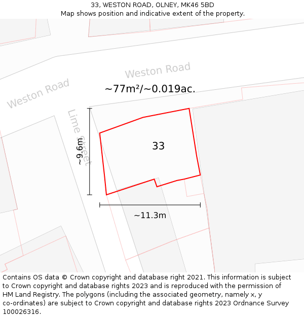 33, WESTON ROAD, OLNEY, MK46 5BD: Plot and title map
