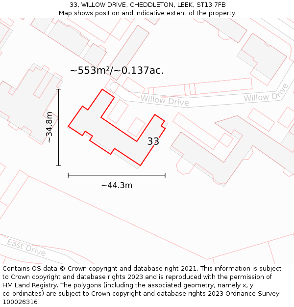 33, WILLOW DRIVE, CHEDDLETON, LEEK, ST13 7FB: Plot and title map