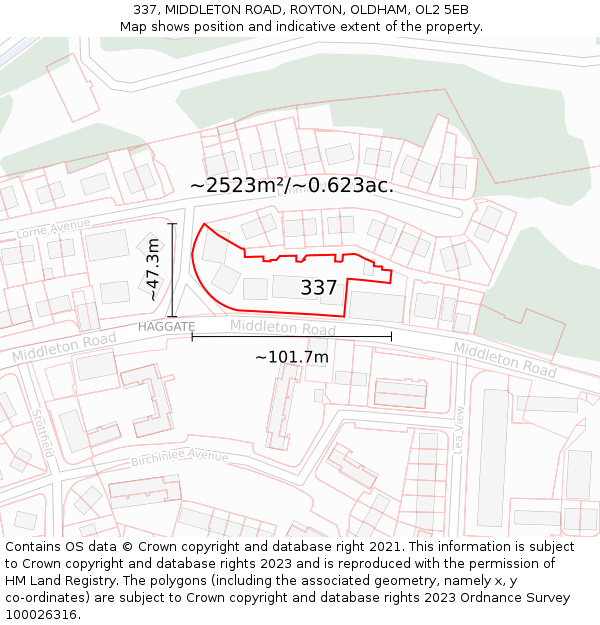 337, MIDDLETON ROAD, ROYTON, OLDHAM, OL2 5EB: Plot and title map
