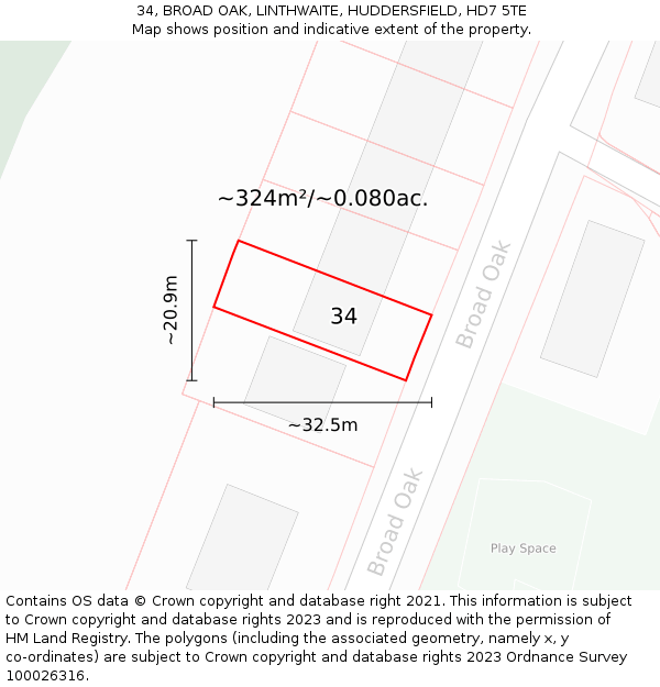34, BROAD OAK, LINTHWAITE, HUDDERSFIELD, HD7 5TE: Plot and title map