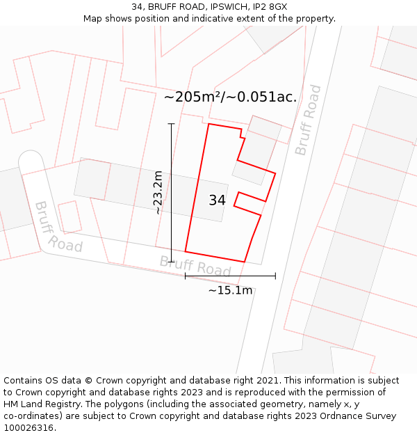 34, BRUFF ROAD, IPSWICH, IP2 8GX: Plot and title map