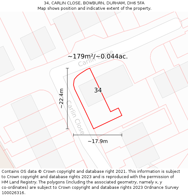 34, CARLIN CLOSE, BOWBURN, DURHAM, DH6 5FA: Plot and title map