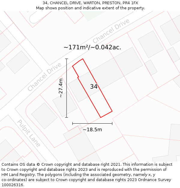 34, CHANCEL DRIVE, WARTON, PRESTON, PR4 1FX: Plot and title map