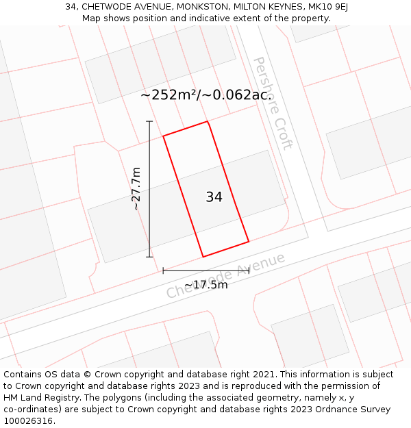 34, CHETWODE AVENUE, MONKSTON, MILTON KEYNES, MK10 9EJ: Plot and title map