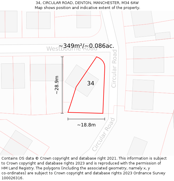 34, CIRCULAR ROAD, DENTON, MANCHESTER, M34 6AW: Plot and title map