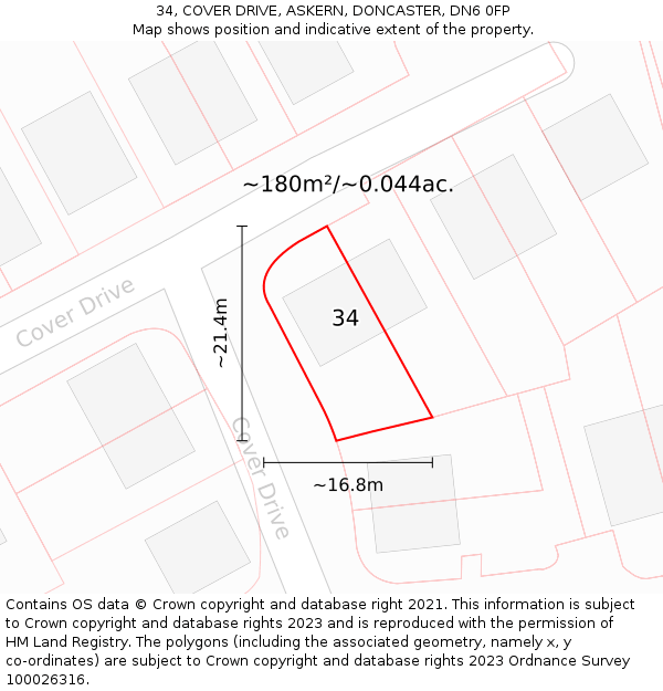 34, COVER DRIVE, ASKERN, DONCASTER, DN6 0FP: Plot and title map